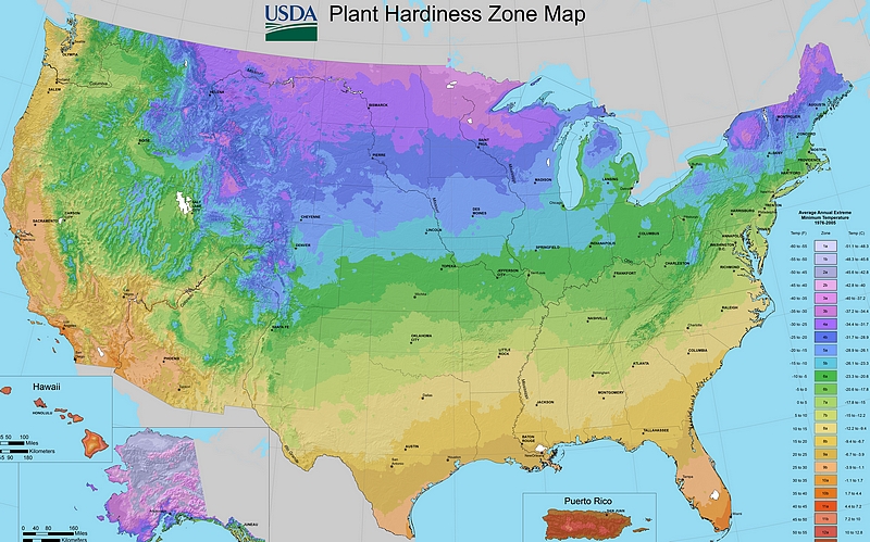 Carte des zones de rusticité des plantes USDA - Etats-Unis.
