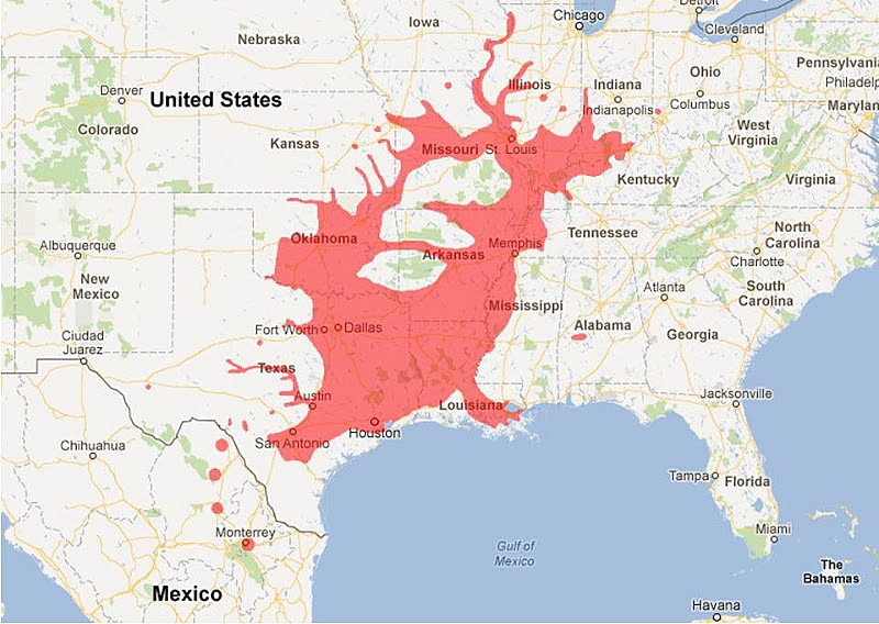 Aire de distribution naturelle du Pacanier aux Etats-Unis (et dans le nord du Mexique).