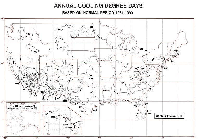 Carte des degrés-jours de refroidissement établie par le National Weather Service des Etats-Unis.
