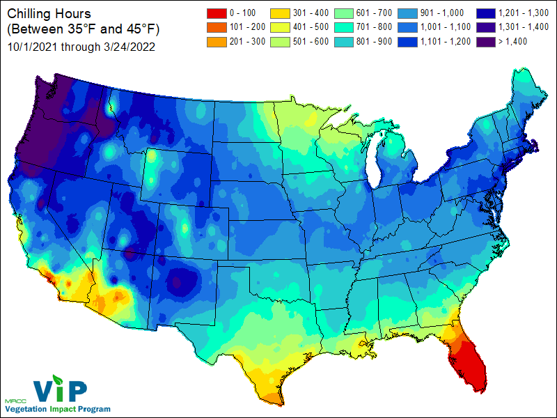 Carte des heures de froid hivernal (températures comprises entre 1,7 °C et 7,2 °C) - Etats-Unis.