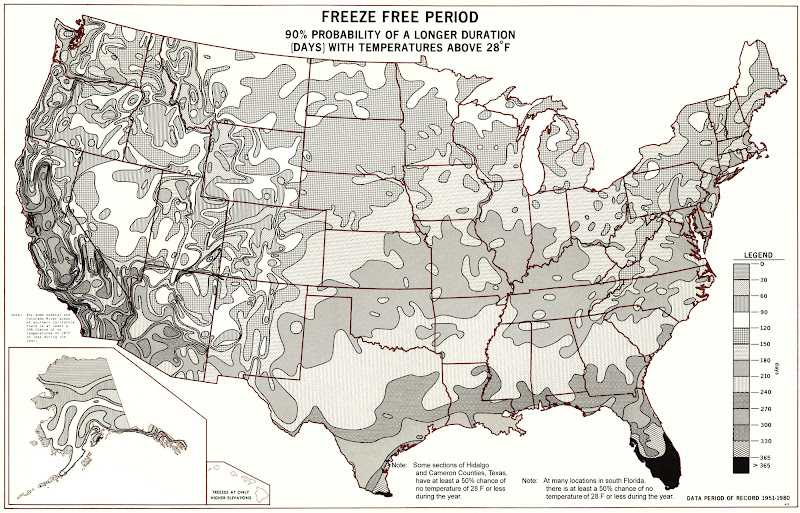 Carte des périodes de jours consécutifs sans gel - Etats-Unis.