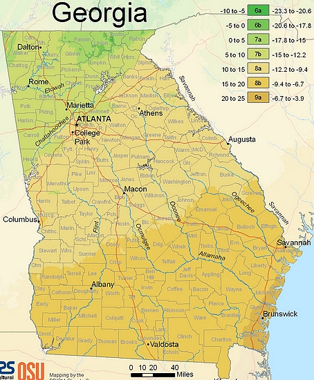 Zones de rusticité des plantes USDA - Etat de Géorgie.