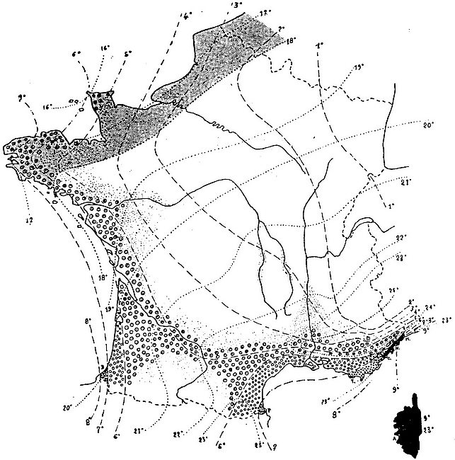 Carte des 8 zones de culrure possible des agrumes  (1951).